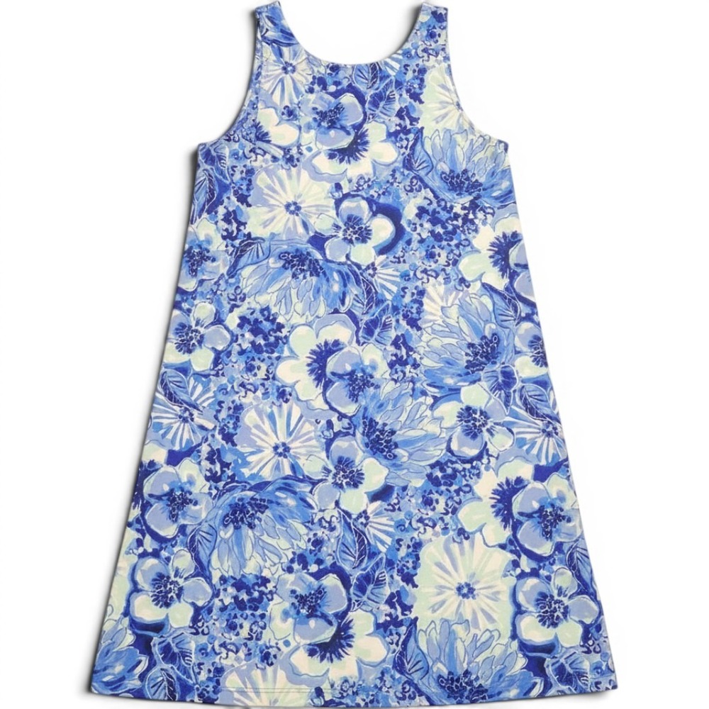 Lilly Pulitzer Blue Floral Pima Cotton Sleeveless Shift Dress Bow Shoulder XS